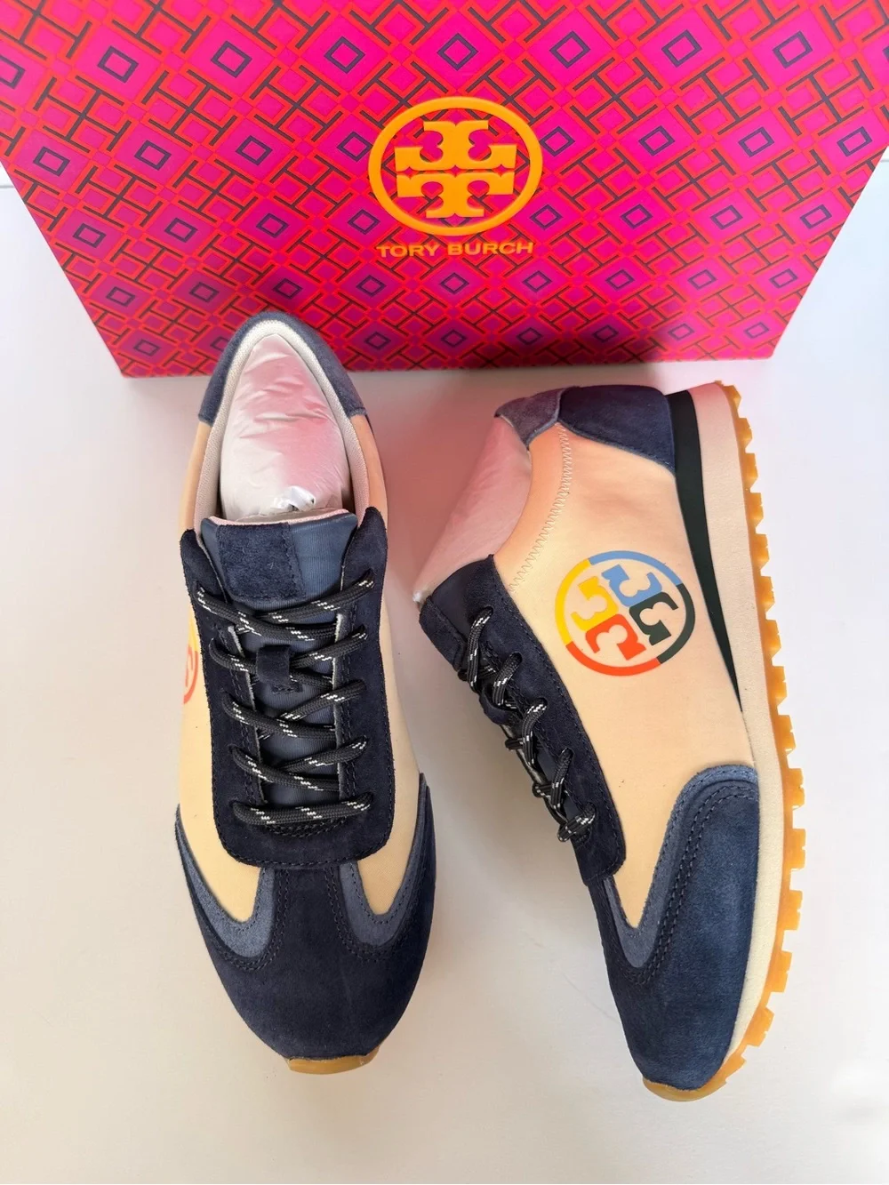Tory Burch Annie Nylon Runner Sneakers New Cream Tempesta Blue Suede 7.5